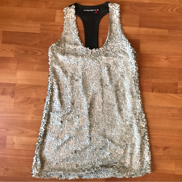 LITERATURE NOIR | Sexy Silver Sequin Mini Dress Black Leather Racer Back Size M - Picture 7 of 13
